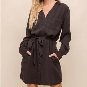 Black Tie Waist Button Down Midi Dress